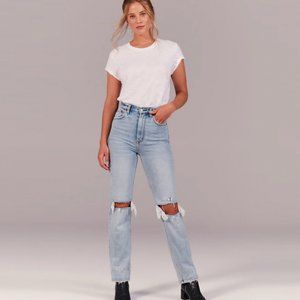 A&F Women's 90s Ultra High Rise Straight Jeans Light Ripped Light-Med Wash